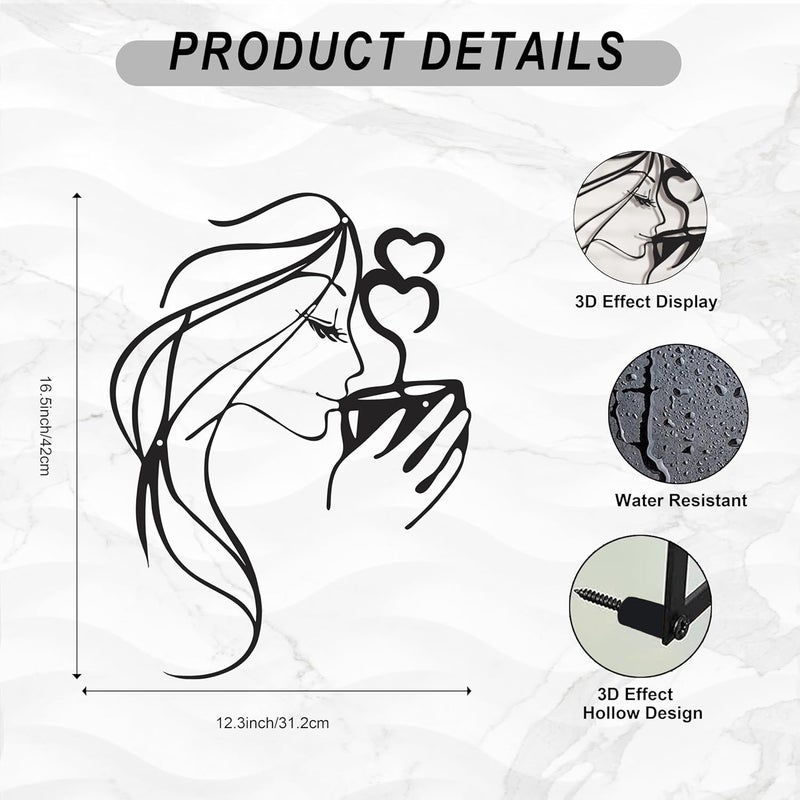 LIYAOLI 3D Black Metal Coffee Wall Art Bar Sign Decor,Kitchen Line Art Wall Decor,Woman Drinking Coffee Wall Sculptures,Unique Modern Wall Art for Living Room,Bedroom - Image 3